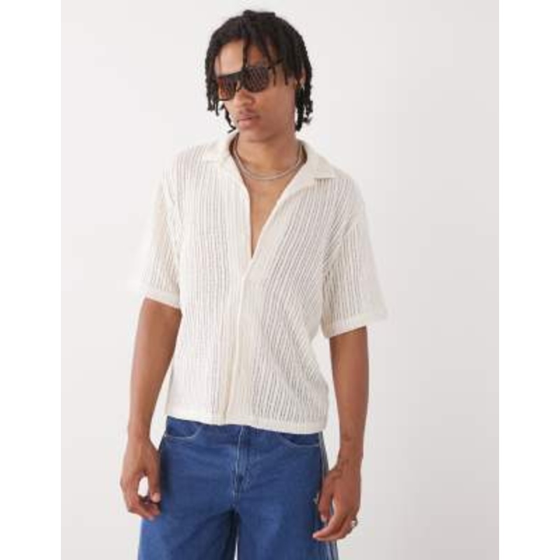Weekday open knit beach resort shirt in off white