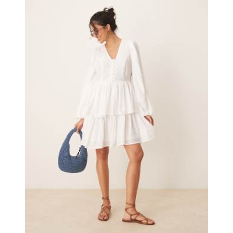 YAS puff sleeve button front boho mini dress in white