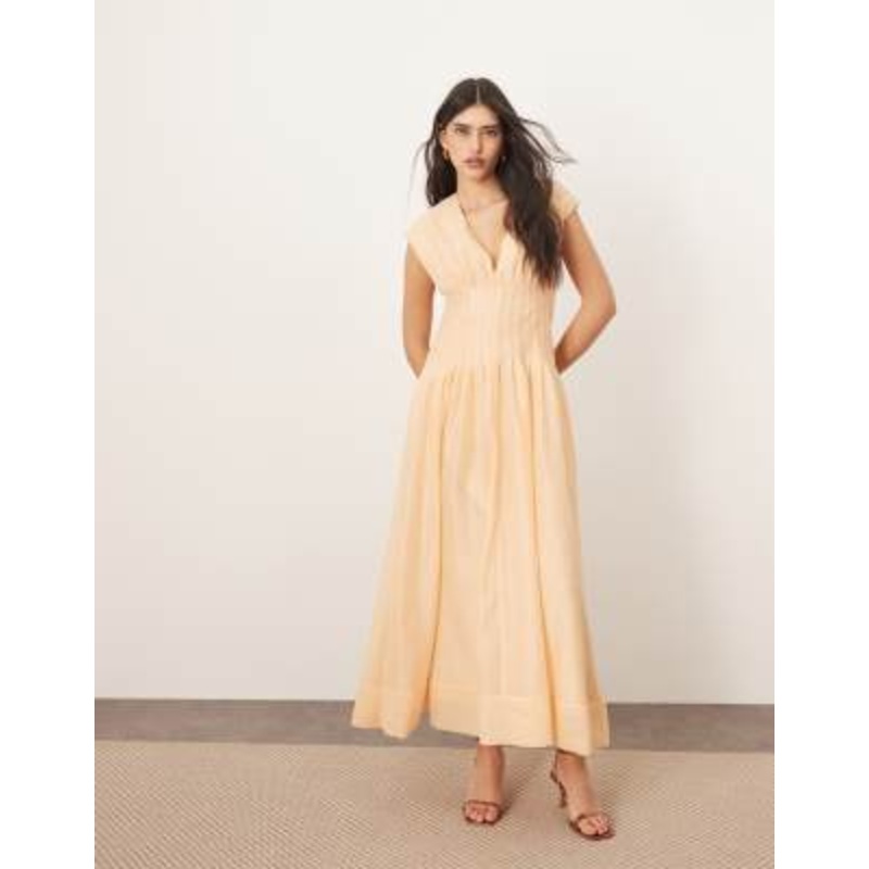 ARRANGE organza pleat waist maxi dress with tie back detail in peach