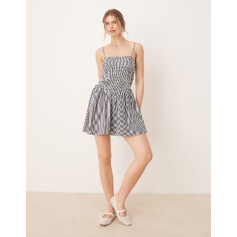 Glamorous shirred dropped waist mini dress in navy white stripe