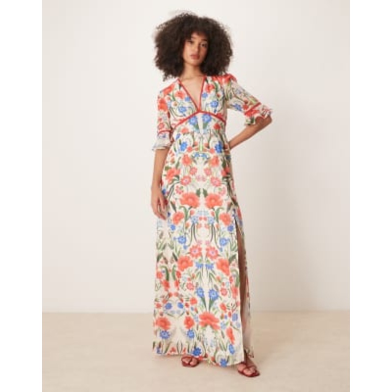 Hope & Ivy frill sleeve thigh slit open back maxi dress in red multi