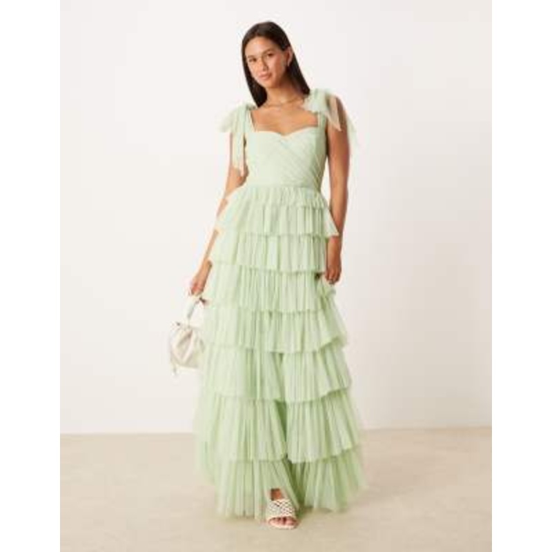 Lace & Beads bow shoulders ruffle maxi dress in pistachio