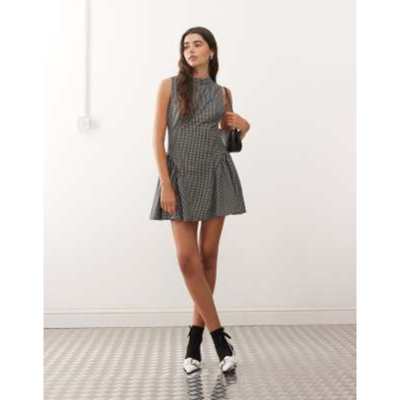 Lioness Chelsea high neck gathered hip detail mini dress in black plaid