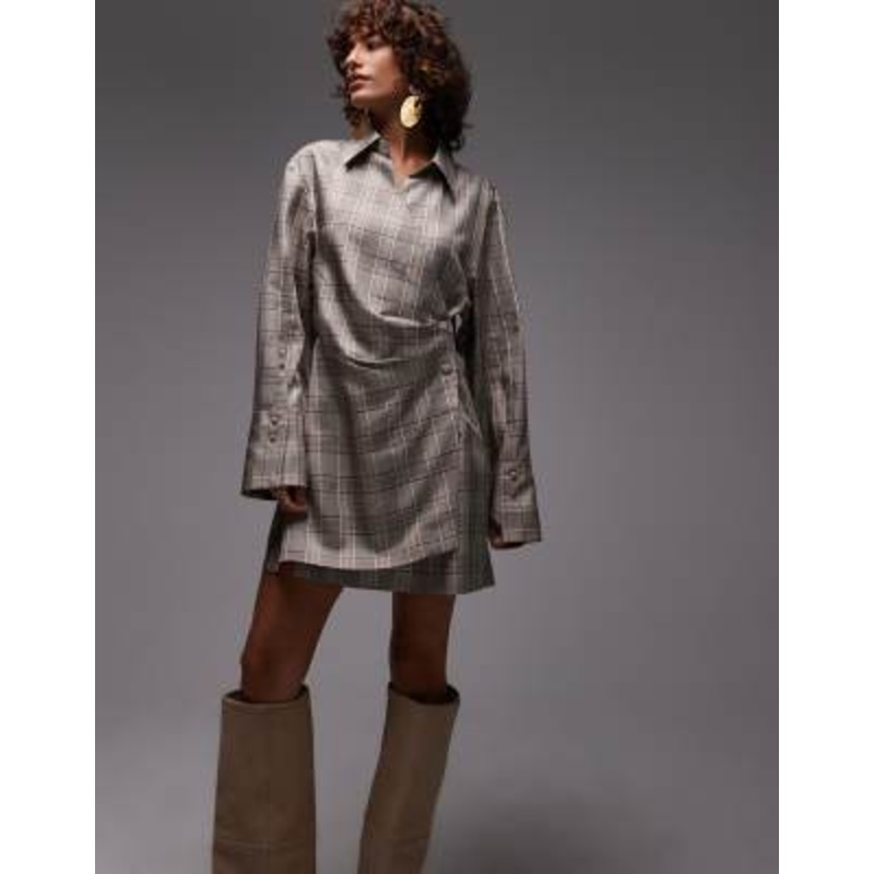 & Other Stories mini shirt dress with ruche wrap front in gray stripe