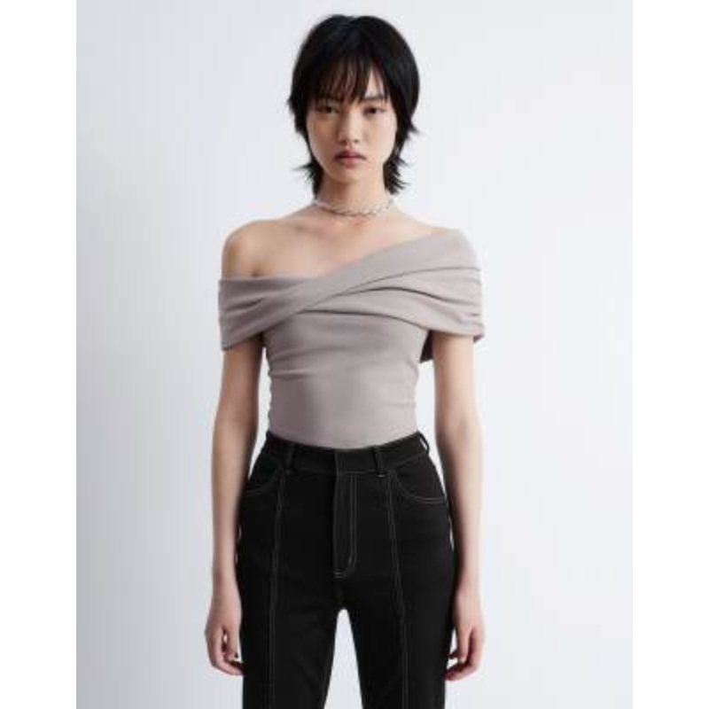 & Other Stories off the shoulder ruched top in mole brown