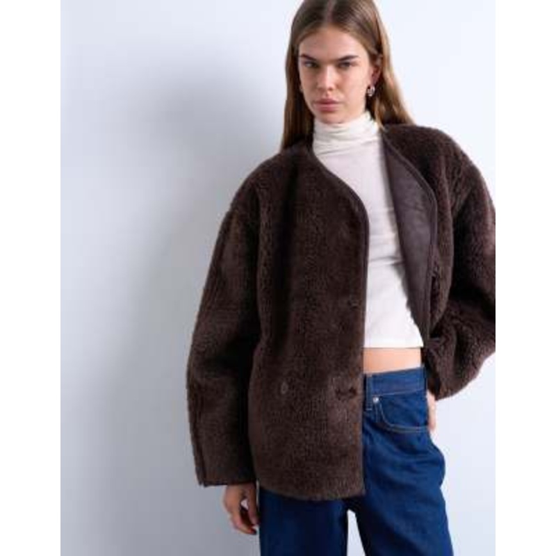 Topshop ovoid short shearling double breasted jacket in chocolate