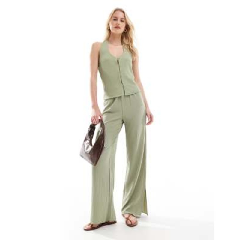 Vero Moda Tall textured jersey slit leg pants in tea green – part of a set