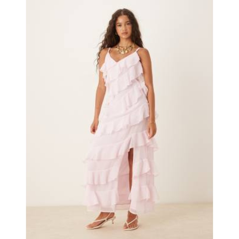 VILA asymmetric frill maxi dress with side split in light pink