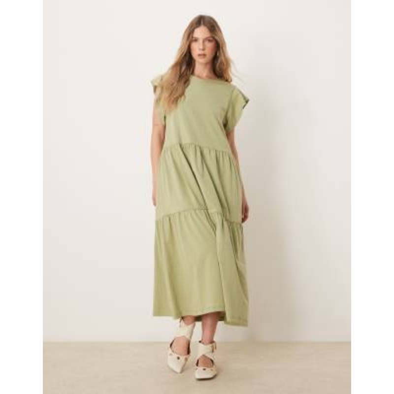 VILA flutter sleeve tiered hem midi dress in sage green