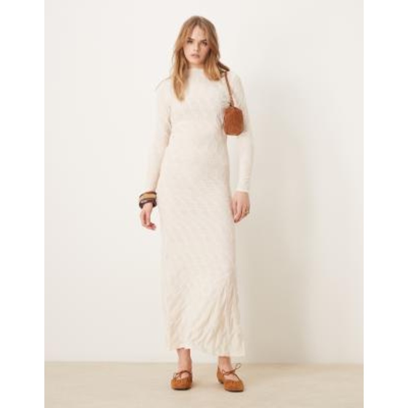 VILA long sleeve high neck textured maxi dress in birch cream
