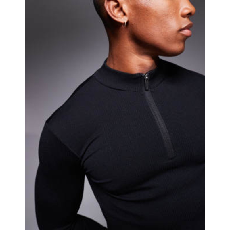 4505 Icon performance muscle fit seamless rib long sleeve 1/4 zip in black