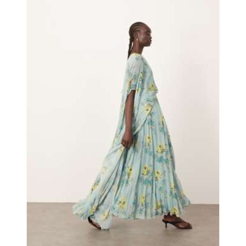 ARRANGE chiffon pleat volume maxi dress with wide sleevesin blue floral