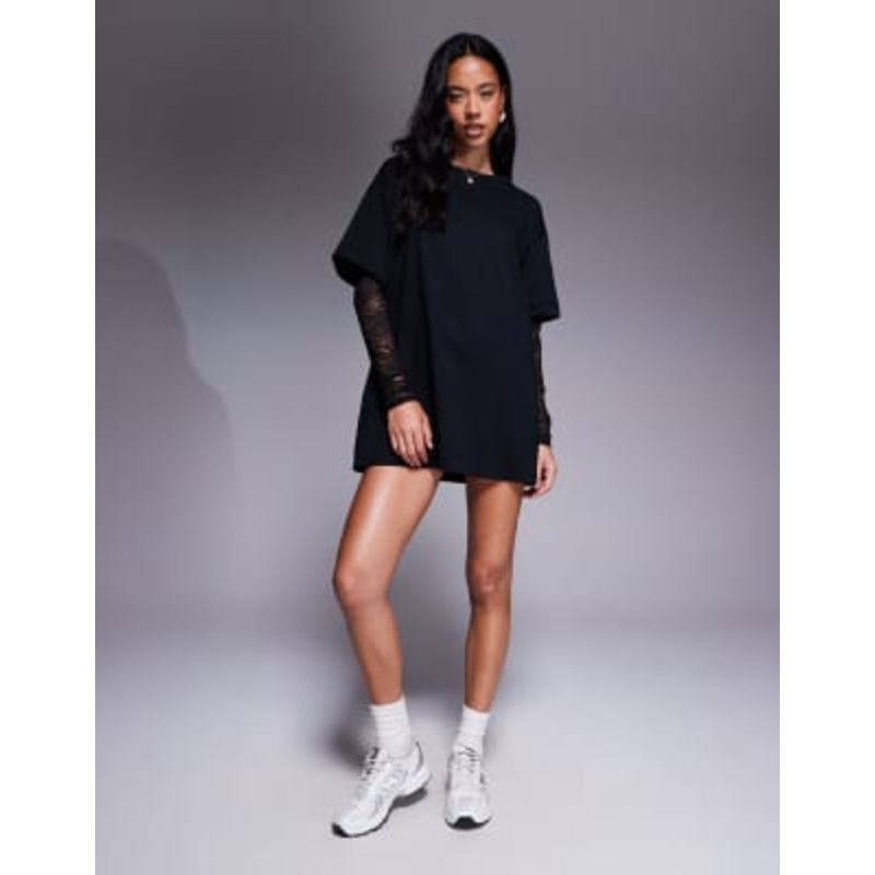 Fashionkilla cotton lace sleeves mini t-shirt dress in black