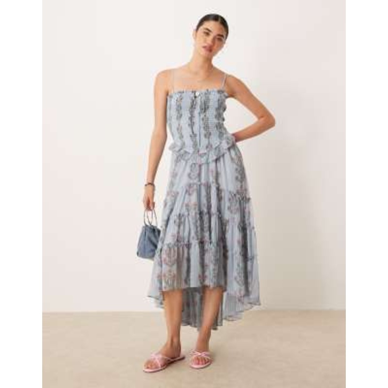 Free People ruched ruffle midi dress in soft blue combo