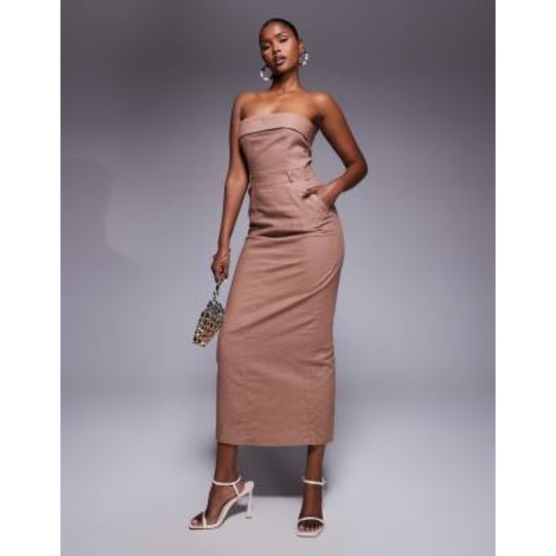 Kaiia exclusive linen mix tailored fold over bandeau back split maxi dress in brown