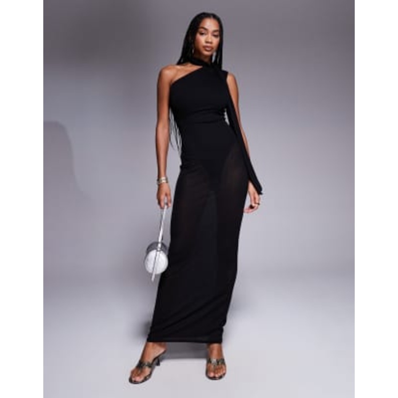 Kaiia exclusive one shoulder mesh scarf detail sheer maxi dress in black