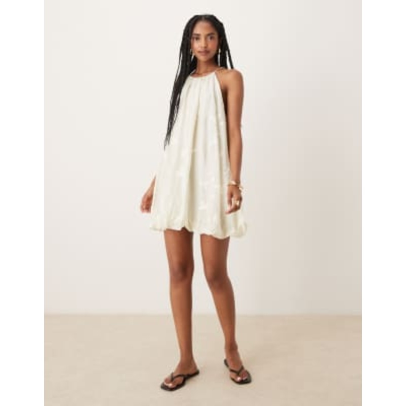 Mango halter neck dress with puff hem and flower embroidery in cream