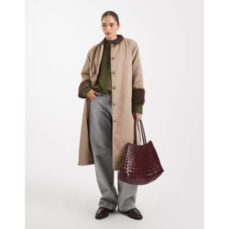 Pieces longline trench coat with corduroy collar detail in beige