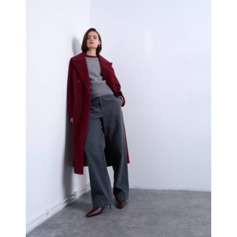 Topshop clean double breasted longline coat in burgundy