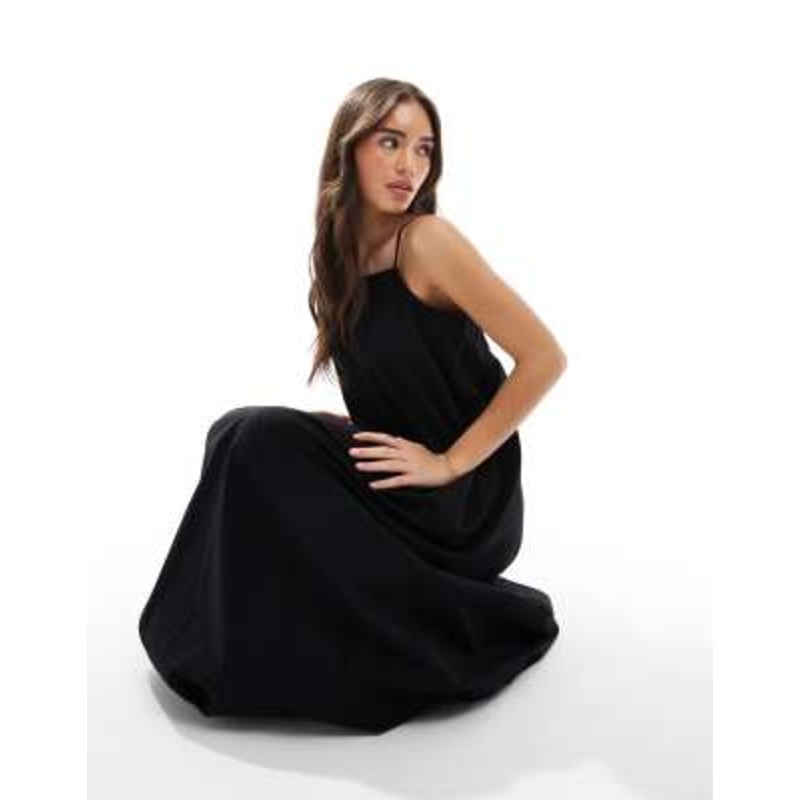 Vero Moda bubble hem poplin maxi cami dress in black