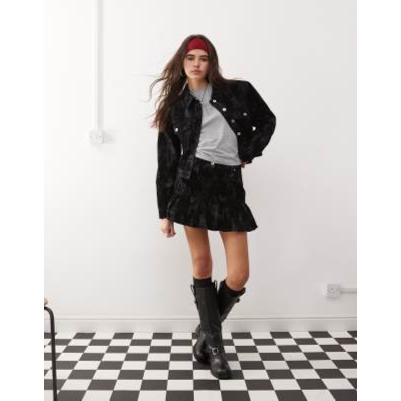 COLLUSION flocked camo print denim bubble skirt in black – part of a set