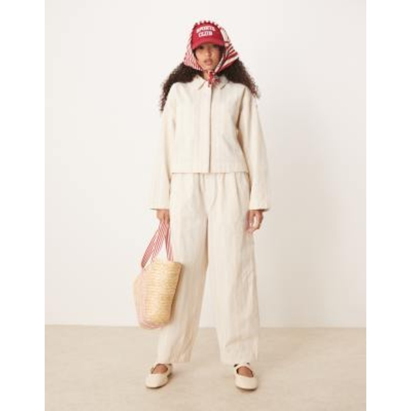 DESIGN cotton barrel leg pants and jacket with pocket detail set in ecru stripe