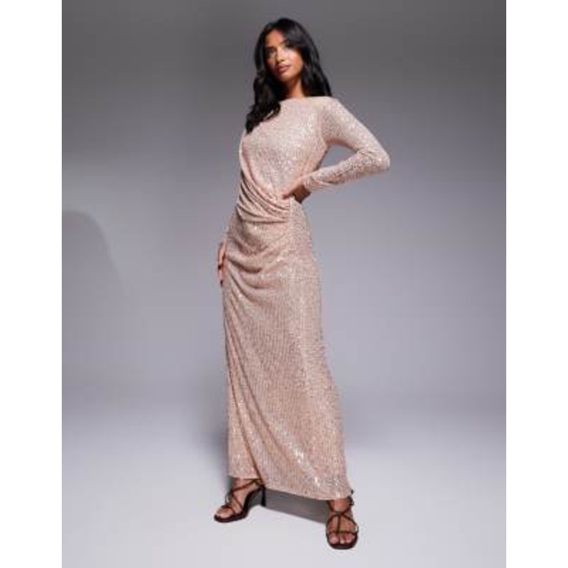 Jaded Rose Petite sequin modest maxi dress with ruched detail in gold