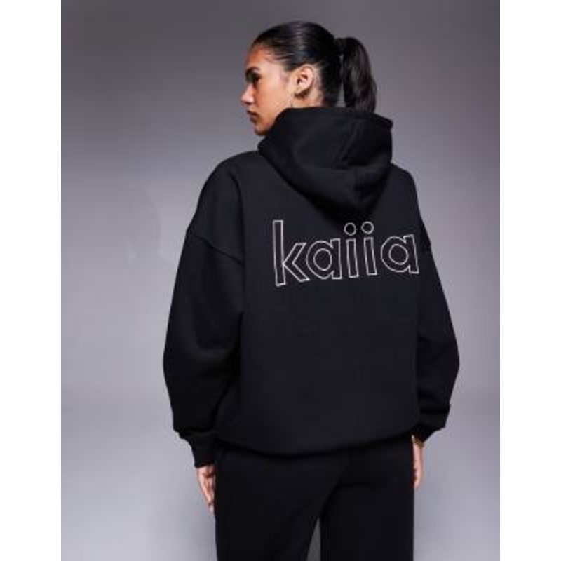 Kaiia cotton rich back logo detail oversized hoodie in black and pink – part of a set