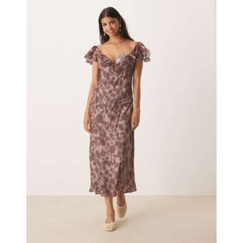 Kiss The Sky frilly midaxi dress with flutter sleeves in espresso