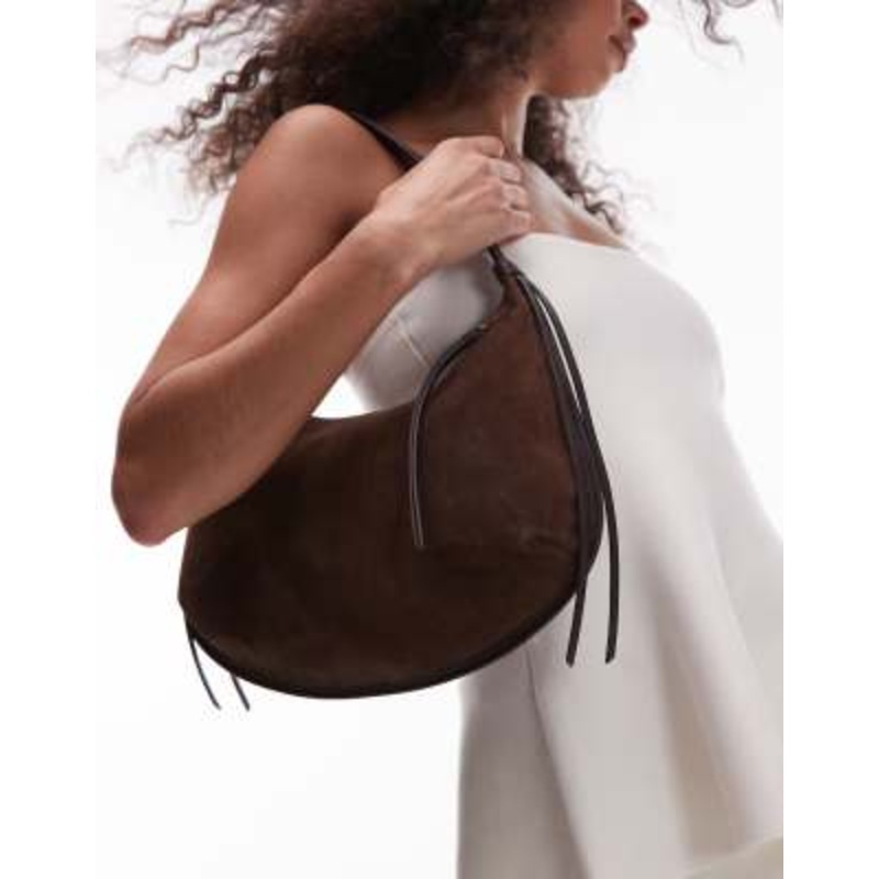 & Other Stories small shoulder curved suede tote bag with leather fringe trims in brown