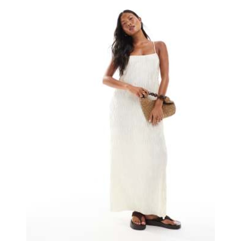 Vero Moda Petite textured plisse cami maxi dress in birch cream