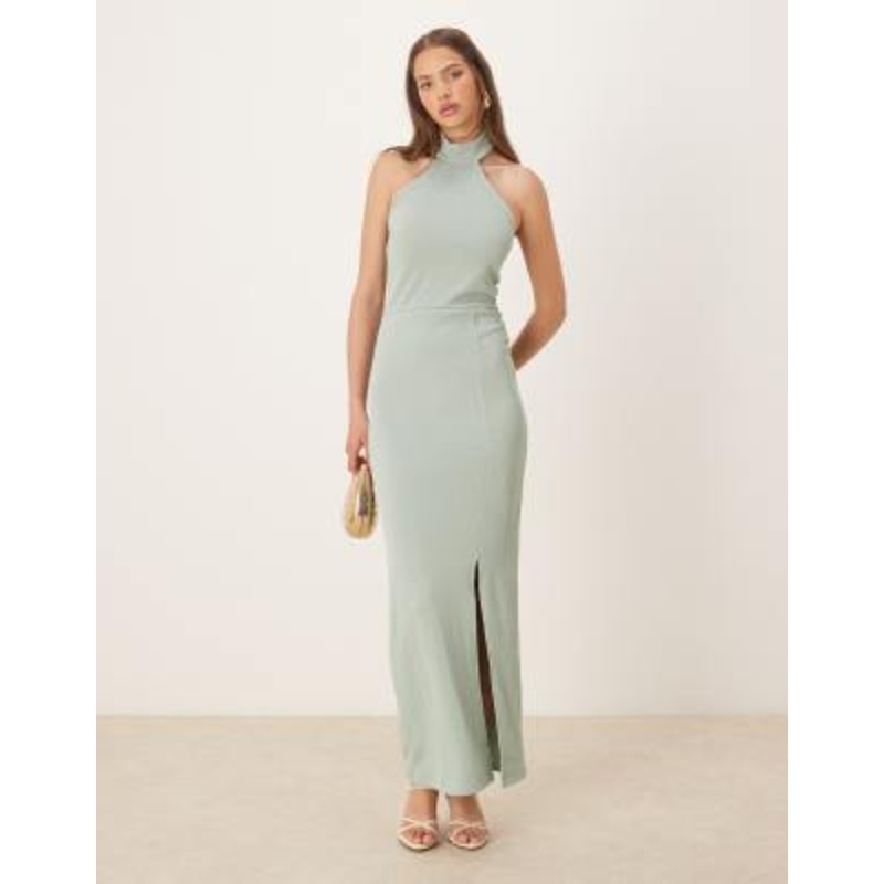 VILA textured jersey halter maxi dress in dusty green