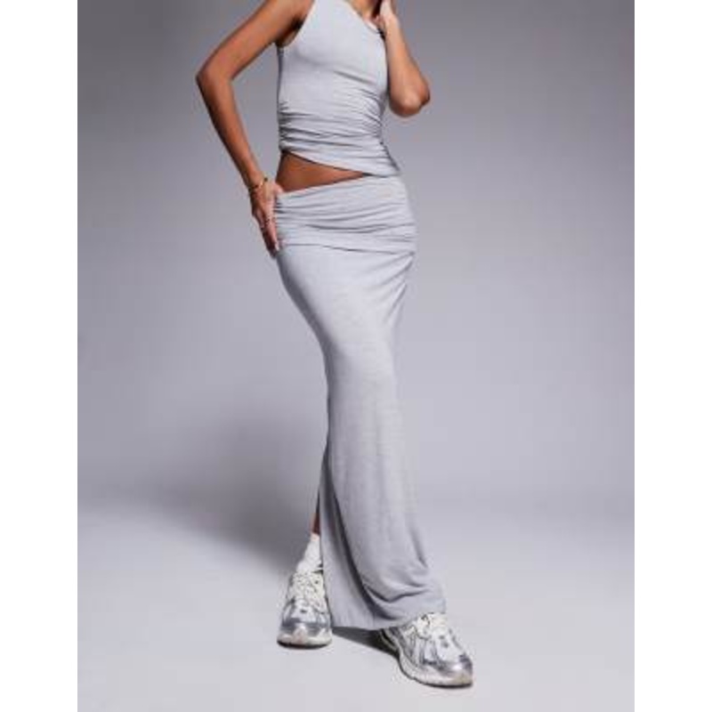Wanderdoll Emma premium jersey ruched fold over maxi skirt set in gray heather