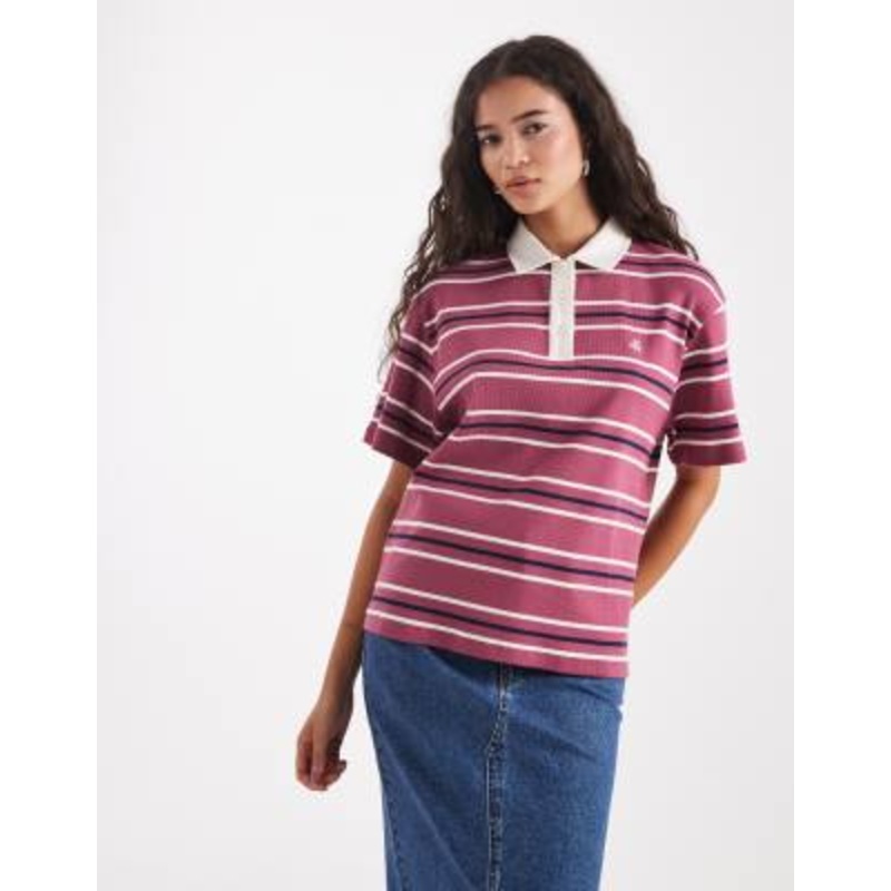 4th & Reckless cotton rugby style embroidered logo t-shirt in raspberry stripes
