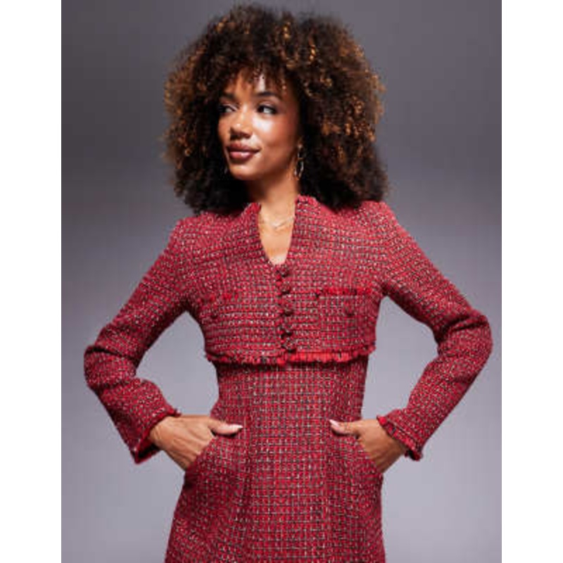 Bardot bouncle tweed cropped jacket in red – part of a set