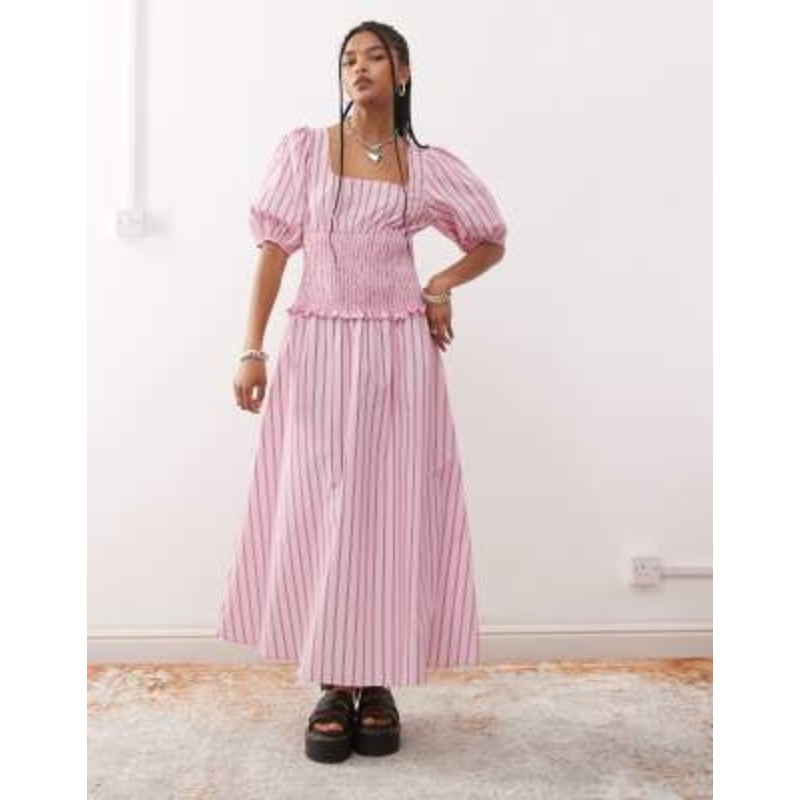 COLLUSION shirred waist maxi dress in pink stripe