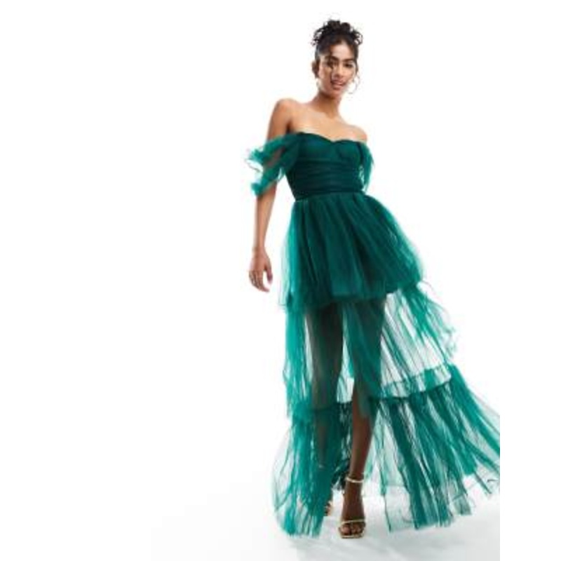 Lace & Beads off shoulder tulle high low maxi dress in forest green