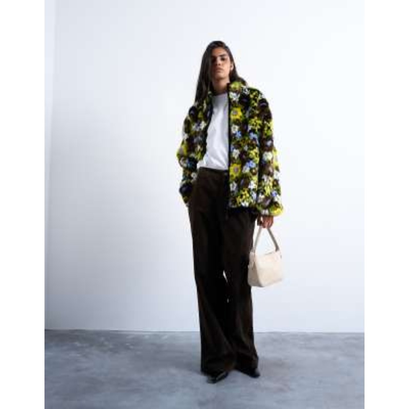 Topshop faux fur floral bomber jacket in multi