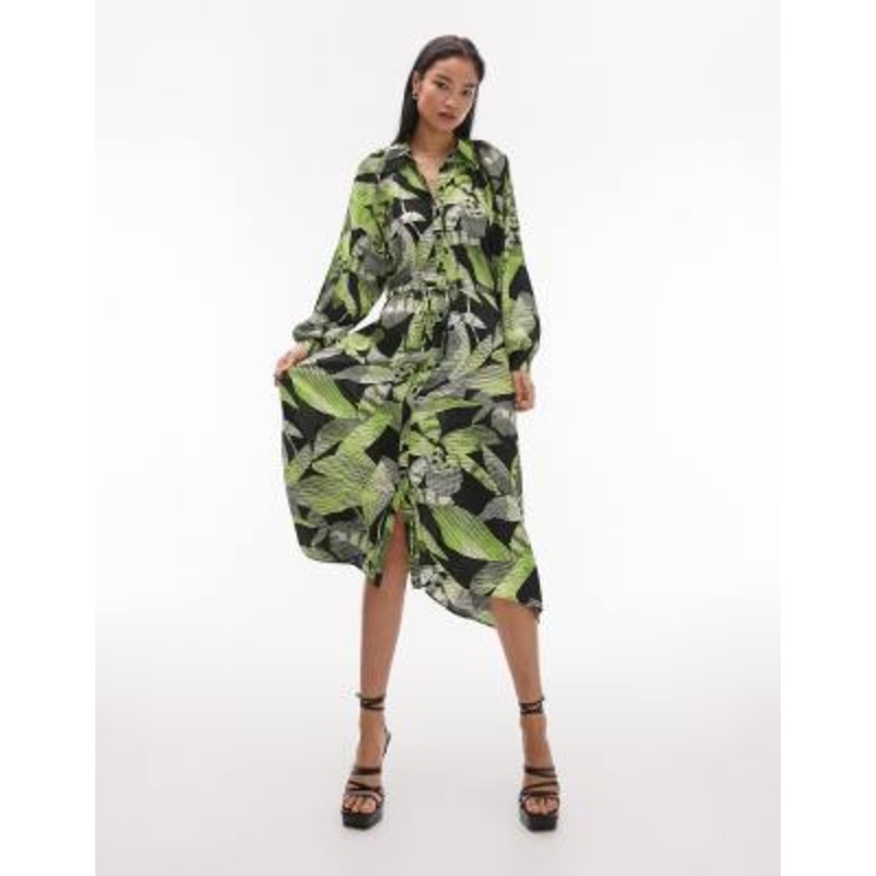 Topshop hanky hem linear floral midi shirt dress in green