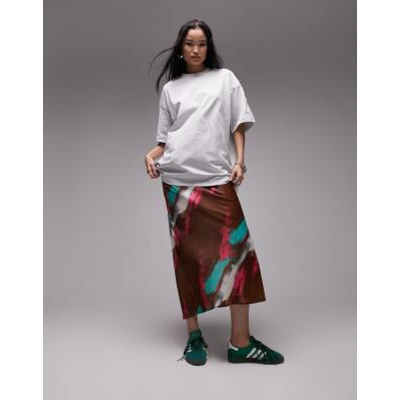 Topshop satin midi skirt in neon brushtroke print