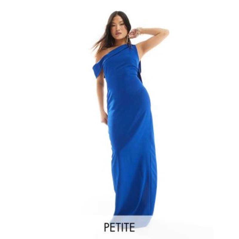 Vesper Petite bengaline one shoulder drape detail maxi dress in cobalt