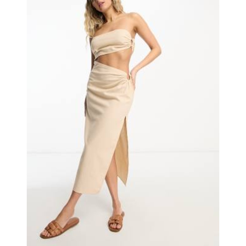 4th & Reckless sunset asymmetric bandeau maxi beach summer dress in beige