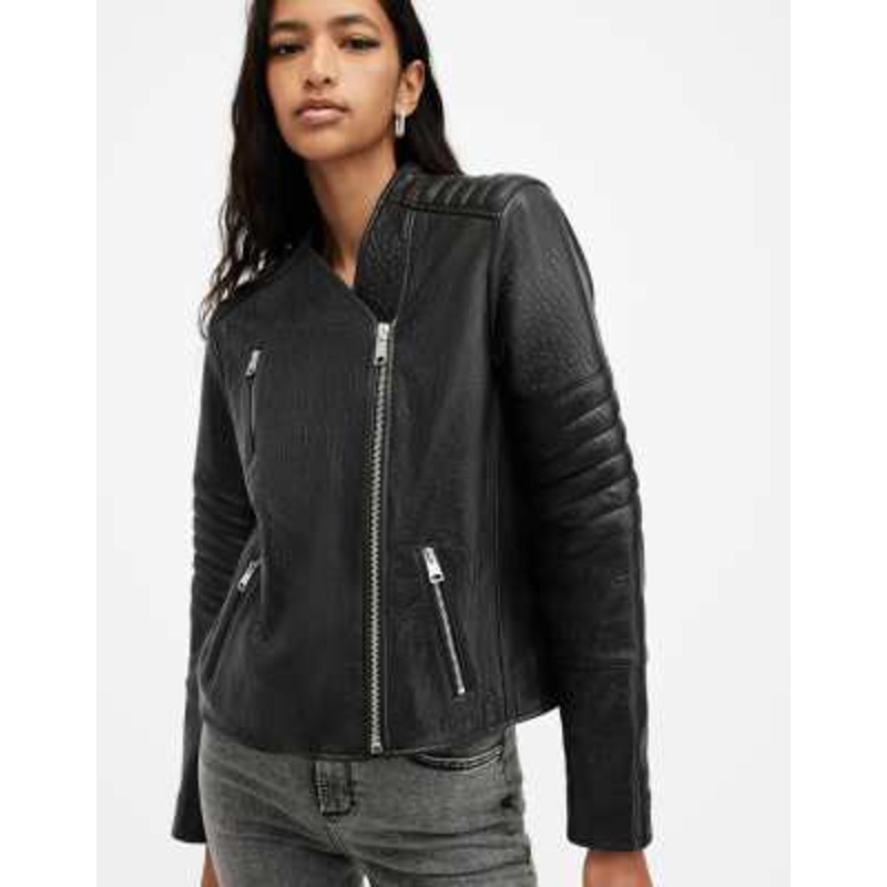 AllSaints Crawley collarless leather moto jacket in black
