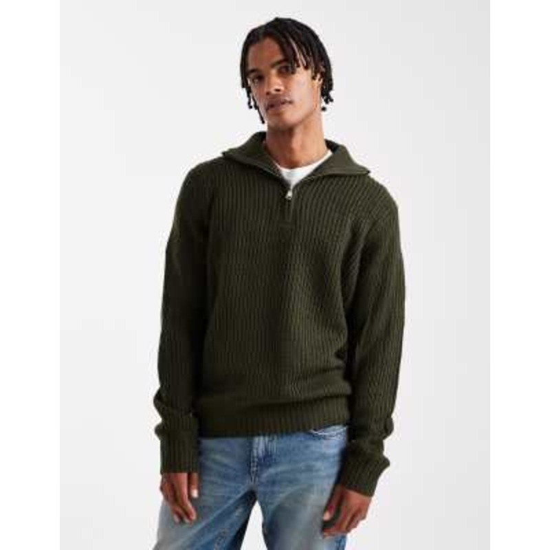 Brave Soul chunky knit quarter zip sweater in forest green