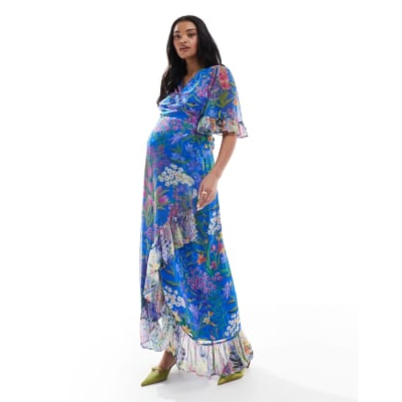 Hope & Ivy Maternity frill sleeve maxi wrap dress with tie waist in blue print