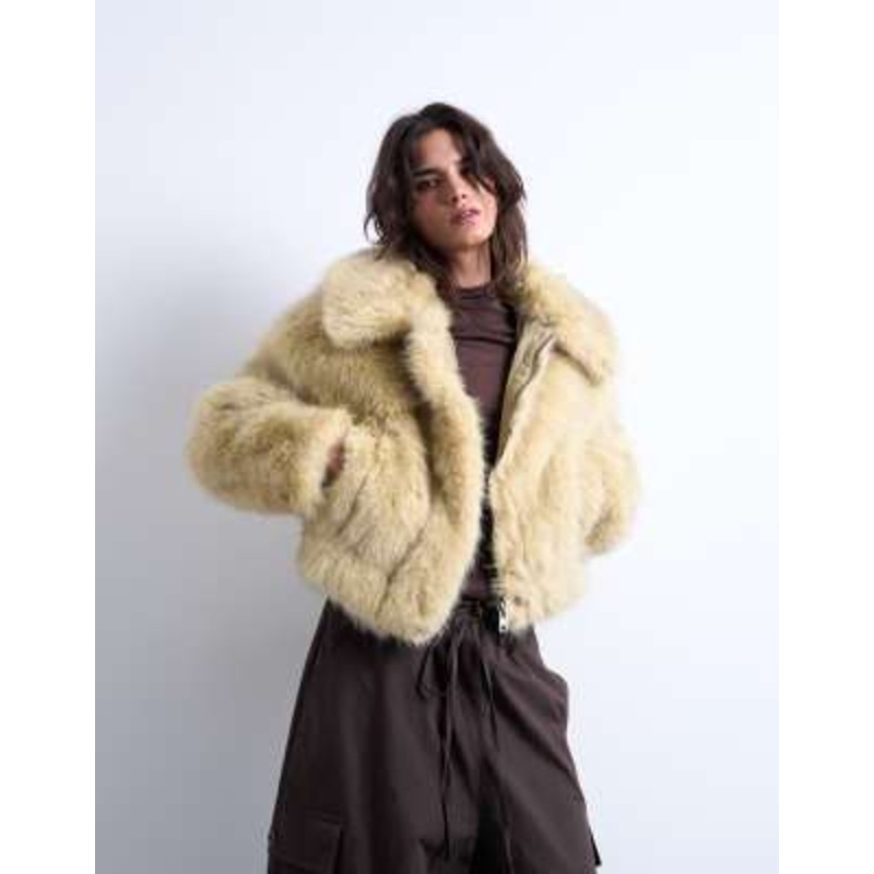 Topshop faux fur zip thru bomber jacket in buttermilk
