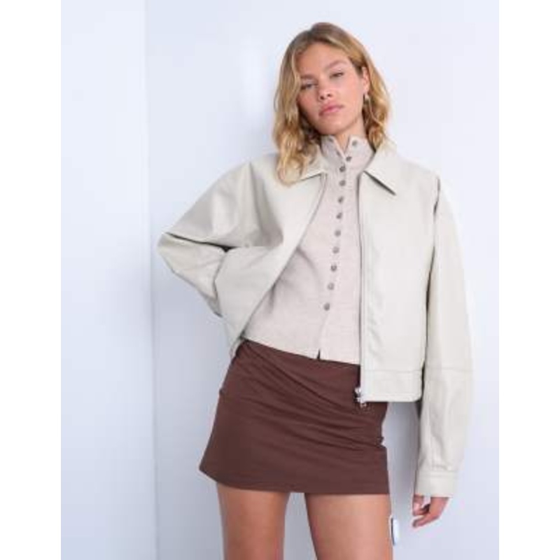 Topshop faux leather dropped shoulders cropped zip up jacket in ecru