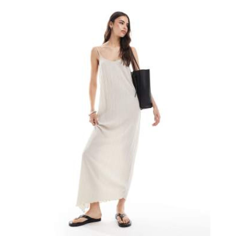 Vero Moda Tall plisse jersey maxi dress with asymmetric hem in beige