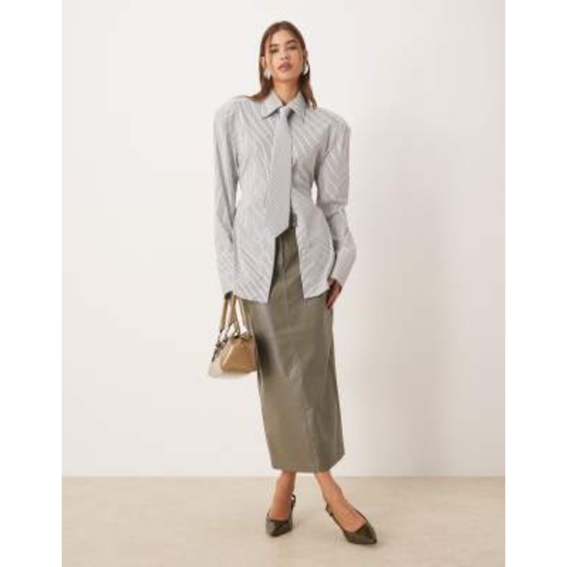 VILA seam detail faux leather midi skirt in dark olive green