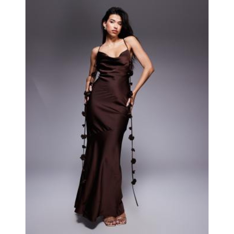 Wanderdoll Aria satin cowl neck drape flower detail cross back maxi dress in chocolate